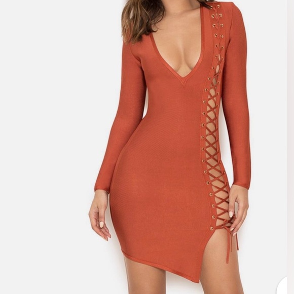 House of CB Long Sleeve Bodycon Dress with Lace-Up Detail - Picture 1 of 5